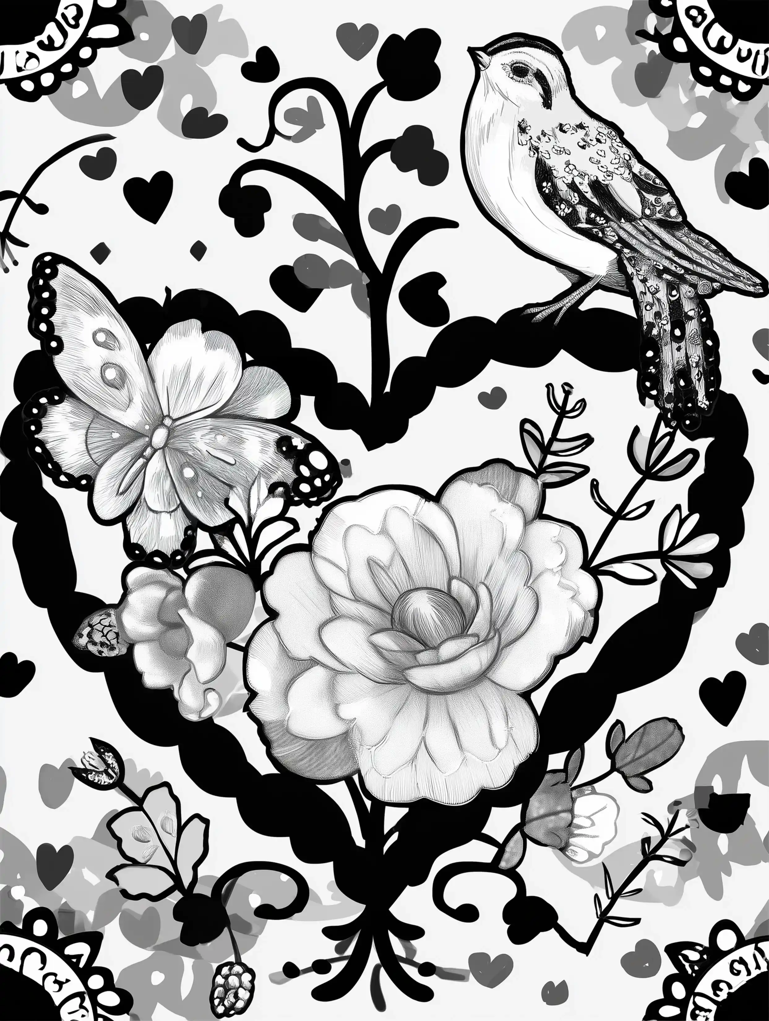 Free printable butterfly coloring page for adults featuring a bird and butterfly with a heart
